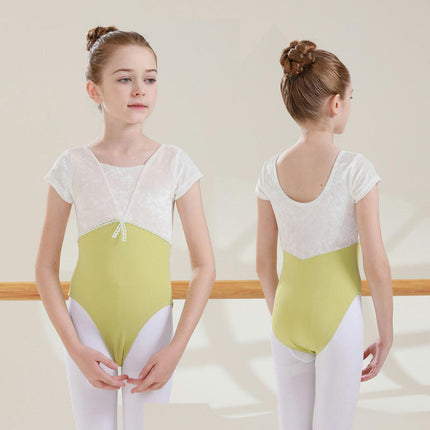 Girls Dance Clothes Short Sleeve Dance Clothes-Velvet Splicing Short Sleeve Ballet Clothes