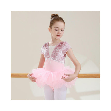 Girls Dance Clothes Short Sleeve Dance Clothes-Velvet Splicing Short Sleeve Ballet Clothes