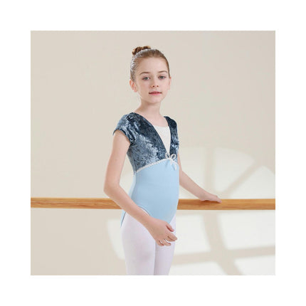 Girls Dance Clothes Short Sleeve Dance Clothes-Velvet Splicing Short Sleeve Ballet Clothes