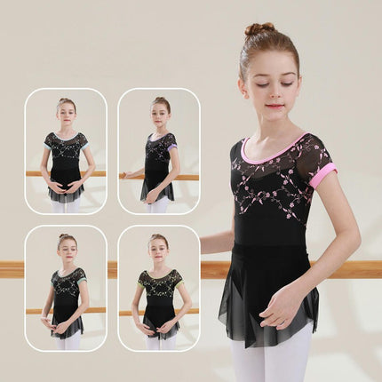 Girls Ballet Leotard Short Sleeve Dance Clothes Ballet Lace Tulle Skirt Ballet Dancer Costume