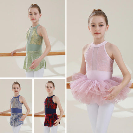 Girls Ballet Dance Dress Lace Short Sleeve Leotards with Removable Tutu Skirt Ballerina Outfit