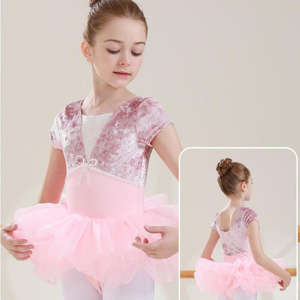 Girls Dancewear Short Sleeve Dancewear Patchwork Velvet Short Sleeve Ballet Wear