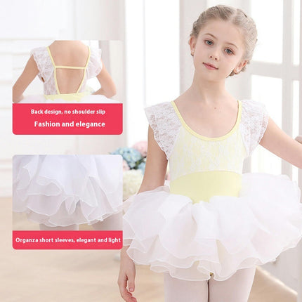 Girls Short Sleeve Lace Ballet Leotard with Detachable Tutu Set