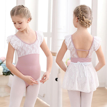 Girls Short Sleeve Lace Ballet Leotard with Detachable Tutu Set