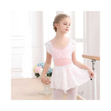 Girls Short Sleeve Lace Ballet Leotard with Detachable Tutu Set