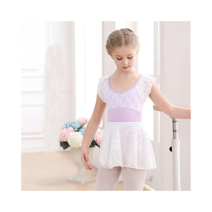 Girls Short Sleeve Lace Ballet Leotard with Detachable Tutu Set