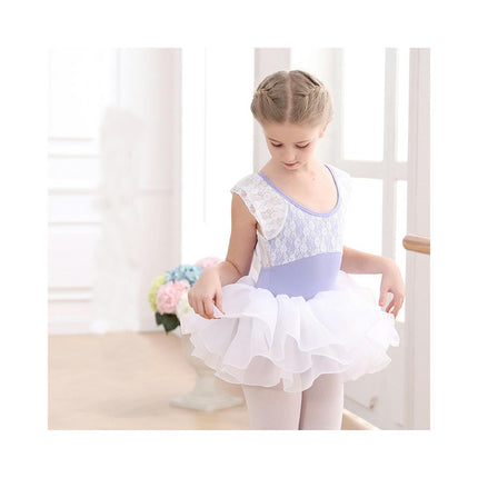 Girls Short Sleeve Lace Ballet Leotard with Detachable Tutu Set