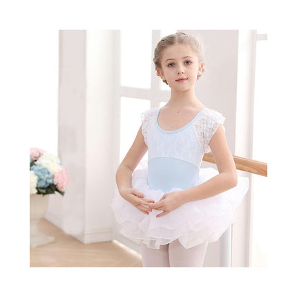 Girls Short Sleeve Lace Ballet Leotard with Detachable Tutu Set