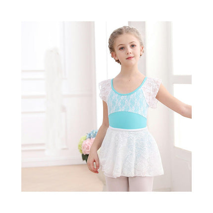 Girls Short Sleeve Lace Ballet Leotard with Detachable Tutu Set