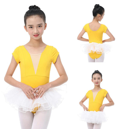 Girls Short Sleeve Ballet Costume Toddler Nylon Ballet Leotard Set with Shorts and Skirt