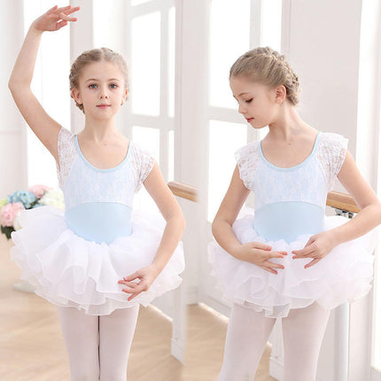 Girls Short Sleeve Lace Ballet Costume Toddler Exam Dress Gymnastics Costume With Short Skirt Suit