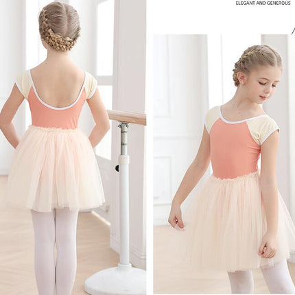 Girls Short Sleeve Ballet Costume Toddler Exam Suit Gymnastics Suit With Skirt Set