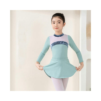 Girls Long Sleeve Color Blocking Ballet Costume Toddler Exam Dress Gymnastics Suit Set