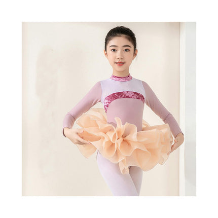 Girls Long Sleeve Color Blocking Ballet Costume Toddler Exam Dress Gymnastics Suit Set