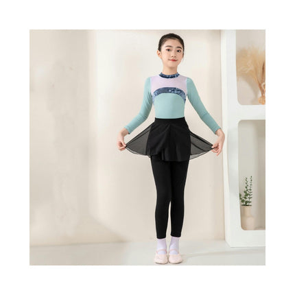 Girls Long Sleeve Color Blocking Ballet Costume Toddler Exam Dress Gymnastics Suit Set