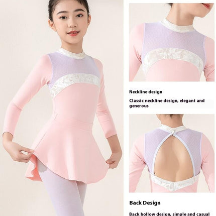 Girls Long Sleeve Color Blocking Ballet Costume Toddler Exam Dress Gymnastics Suit Set