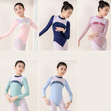 Girls Long Sleeve Color Blocking Ballet Costume Toddler Exam Dress Gymnastics Suit Set