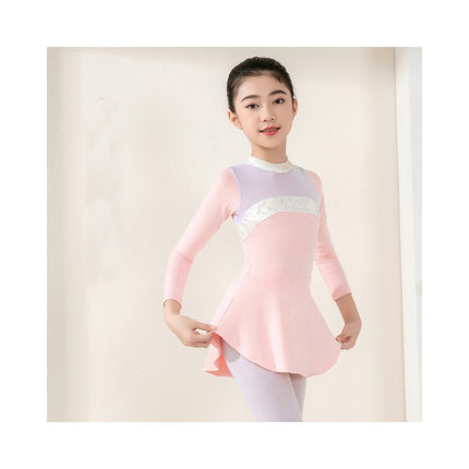 Girls Long Sleeve Color Blocking Ballet Costume Toddler Exam Dress Gymnastics Suit Set