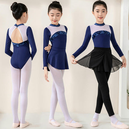 Girls Long Sleeve Color Blocking Ballet Costume Toddler Exam Dress Gymnastics Suit Set