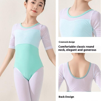 3/4 Sleeve Girls Mesh Ballet Leotard Girls Ballerina Dancewear Gymnastics Clothing