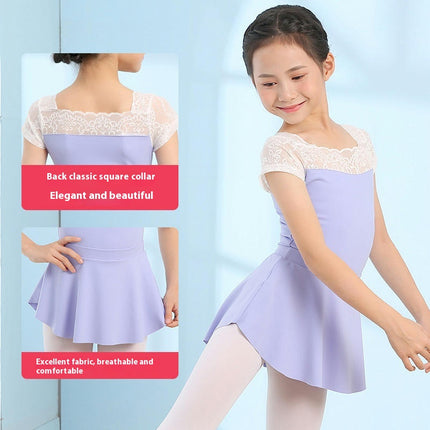 Girls Leotard Ballet Costume Lace Collar Short Sleeve Dance Costume