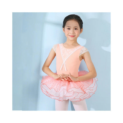 Girls Short Sleeve Lace Bodysuit Children's Ballet Dance Costume with Removable Skirt