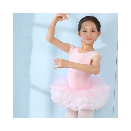 Girls Short Sleeve Lace Bodysuit Children's Ballet Dance Costume with Removable Skirt