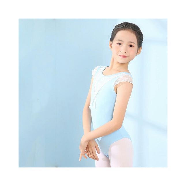 Girls Short Sleeve Lace Bodysuit Children's Ballet Dance Costume with Removable Skirt