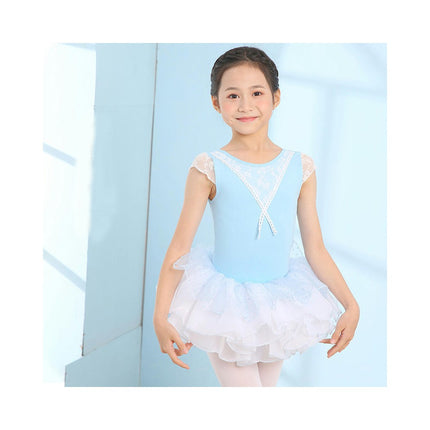 Girls Short Sleeve Lace Bodysuit Children's Ballet Dance Costume with Removable Skirt