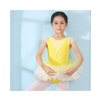 Girls Short Sleeve Lace Bodysuit Children's Ballet Dance Costume with Removable Skirt