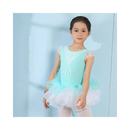 Girls Short Sleeve Lace Bodysuit Children's Ballet Dance Costume with Removable Skirt