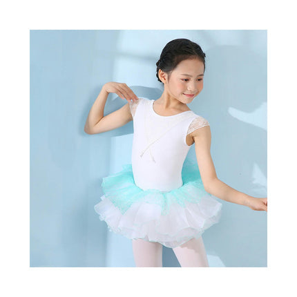 Girls Short Sleeve Lace Bodysuit Children's Ballet Dance Costume with Removable Skirt