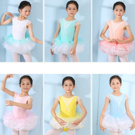 Girls Short Sleeve Lace Bodysuit Children's Ballet Dance Costume with Removable Skirt