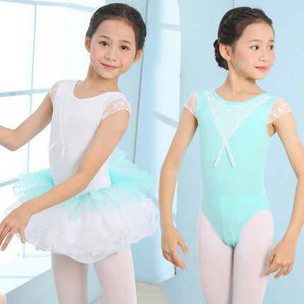 Girls Short Sleeve Lace Bodysuit Children's Ballet Dance Costume with Removable Skirt