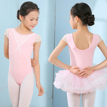 Girls Short Sleeve Lace Bodysuit Children's Ballet Dance Costume with Removable Skirt