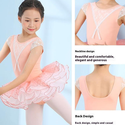 Girls Short Sleeve Lace Bodysuit Children's Ballet Dance Costume with Removable Skirt