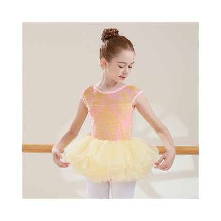 Big Kids Round Neck Jacquard Can Sleeve Dancewear Ballet Performance Costume