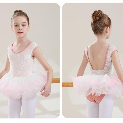 Big Kids Round Neck Jacquard Can Sleeve Dancewear Ballet Performance Costume