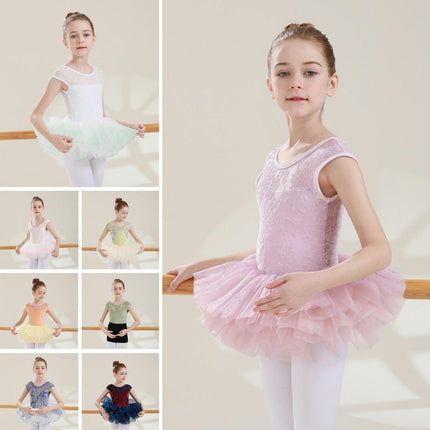 Big Kids Round Neck Jacquard Can Sleeve Dancewear Ballet Performance Costume