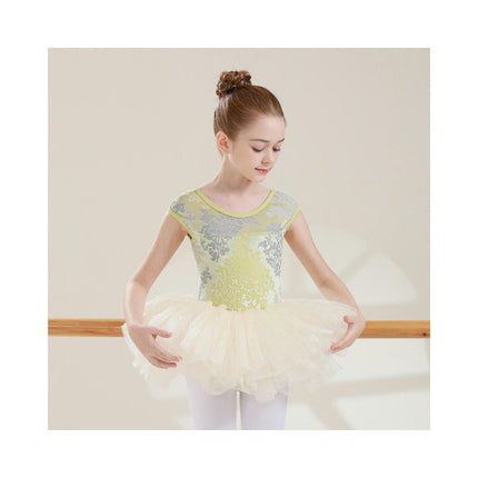 Big Kids Round Neck Jacquard Can Sleeve Dancewear Ballet Performance Costume