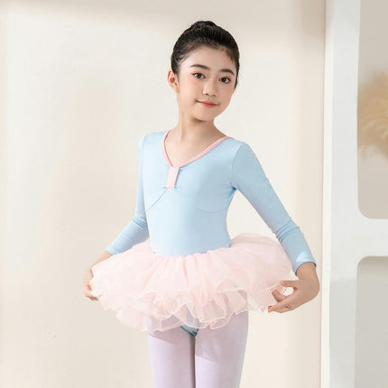 Girls High Elastic Nylon Ballet Dance Dress Cute Tutu Skirted Leotard Long Sleeve