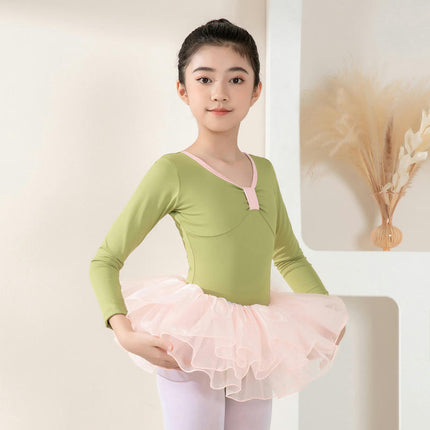 Girls High Elastic Nylon Ballet Dance Dress Cute Tutu Skirted Leotard Long Sleeve