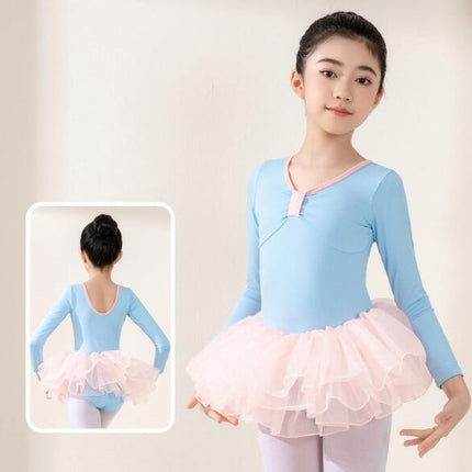 Girls High Elastic Nylon Ballet Dance Dress Cute Tutu Skirted Leotard Long Sleeve