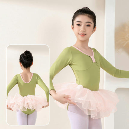 Girls High Elastic Nylon Ballet Dance Dress Cute Tutu Skirted Leotard Long Sleeve