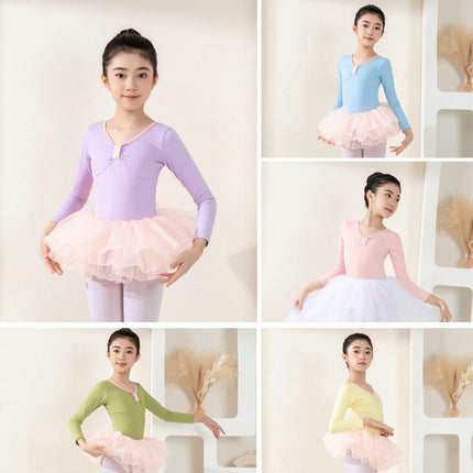 Girls High Elastic Nylon Ballet Dance Dress Cute Tutu Skirted Leotard Long Sleeve