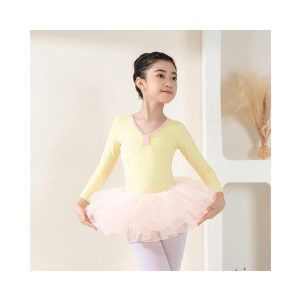 Girls High Elastic Nylon Ballet Dance Dress Cute Tutu Skirted Leotard Long Sleeve