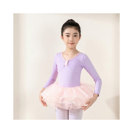 Girls High Elastic Nylon Ballet Dance Dress Cute Tutu Skirted Leotard Long Sleeve