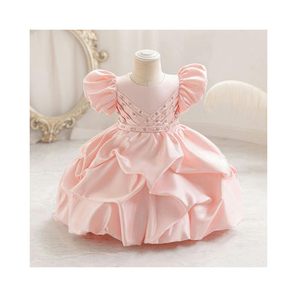 Children's Bubble Sleeve Princess Dresses Flower Girl Holiday Gowns Satin Dresses