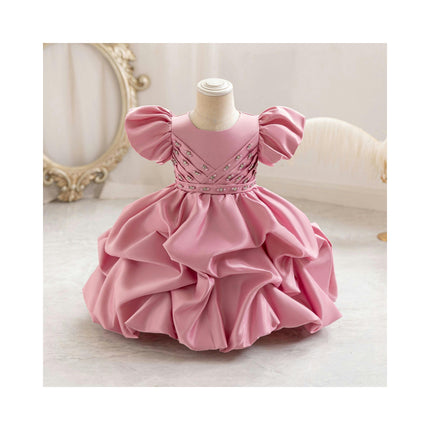 Children's Bubble Sleeve Princess Dresses Flower Girl Holiday Gowns Satin Dresses