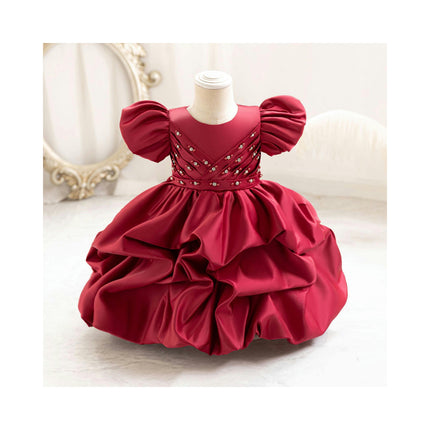 Children's Bubble Sleeve Princess Dresses Flower Girl Holiday Gowns Satin Dresses